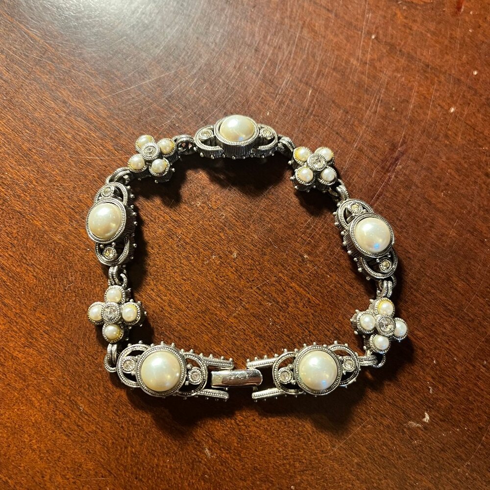 Silver Bracelet with Bezel Set White Pearl Stones and Silver Crystals